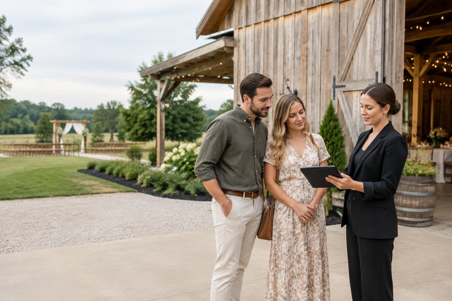 An engaged couple discusses a rustic barn wedding venue with a coordinator during a site visit.
