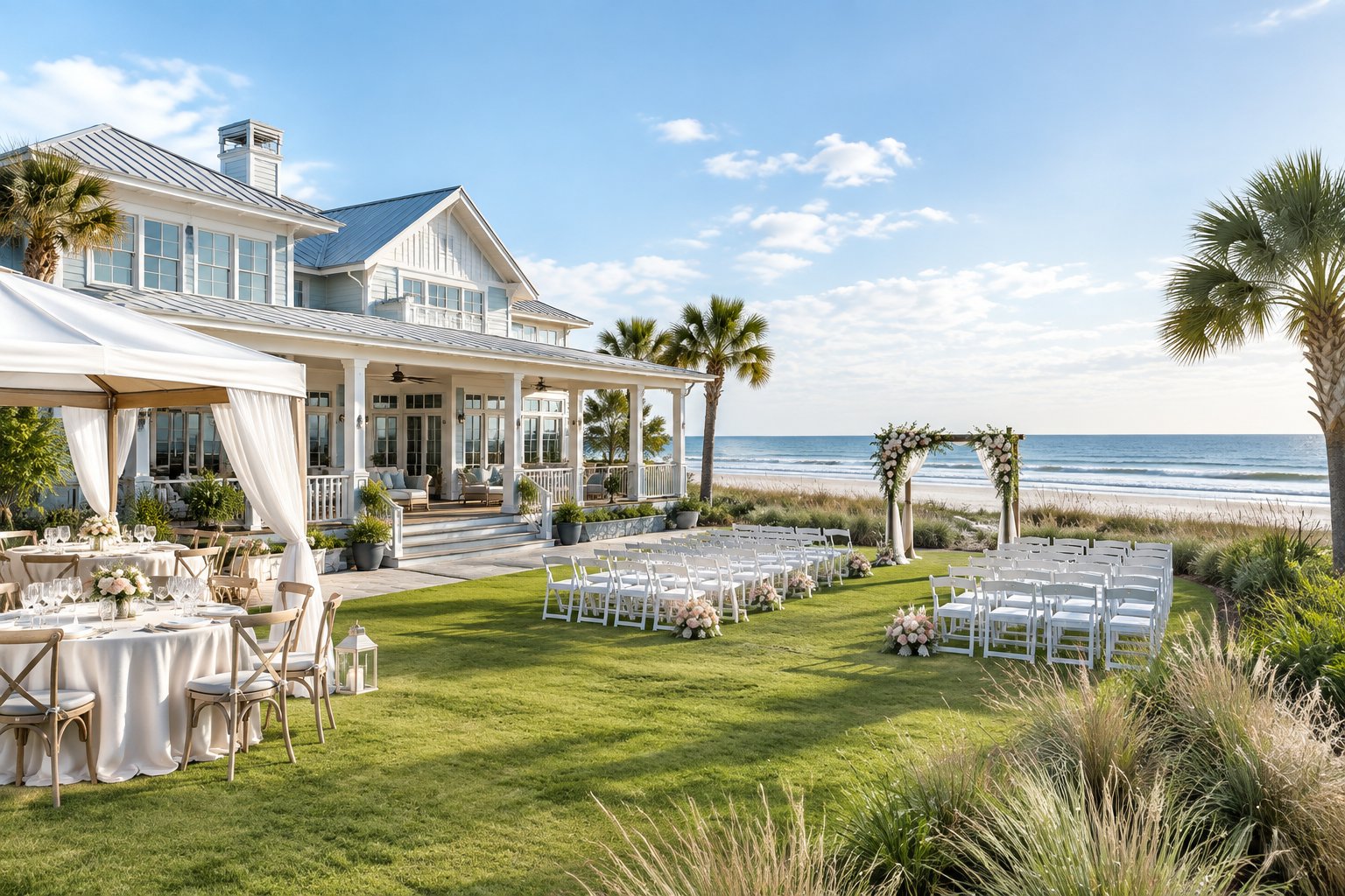 An elegant beach house wedding venue with white chairs, floral decorations, and ocean views.