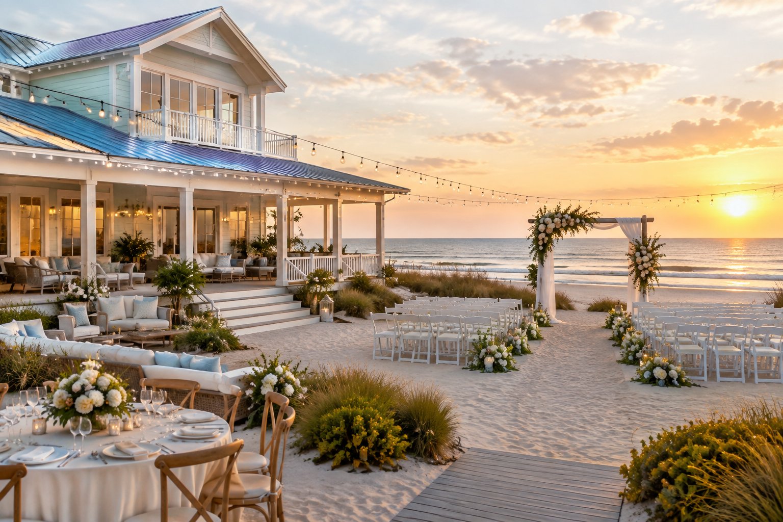 An elegant beach house wedding venue with a flower-covered arch, guest chairs, and a reception setup overlooking the ocean.