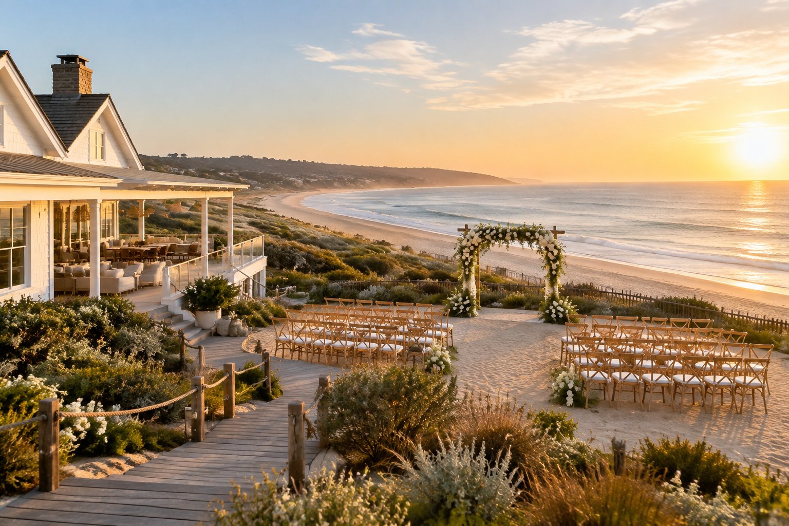 A white beach house wedding venue with outdoor ceremony seating overlooking a sandy coastline and blue ocean.