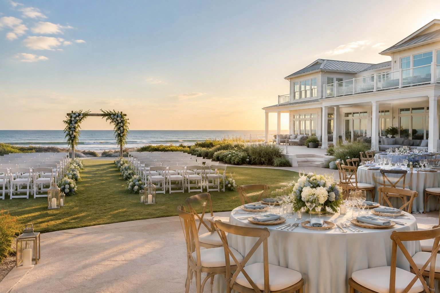 A beach house wedding venue arranged for an outdoor ceremony and reception beside the ocean.