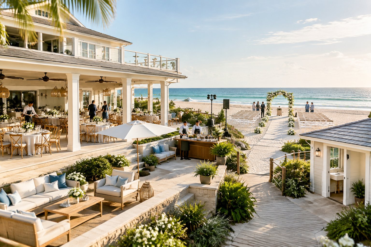 A coastal beach house wedding venue with an outdoor ceremony setup, reception tables, lounge seating, and ocean views.