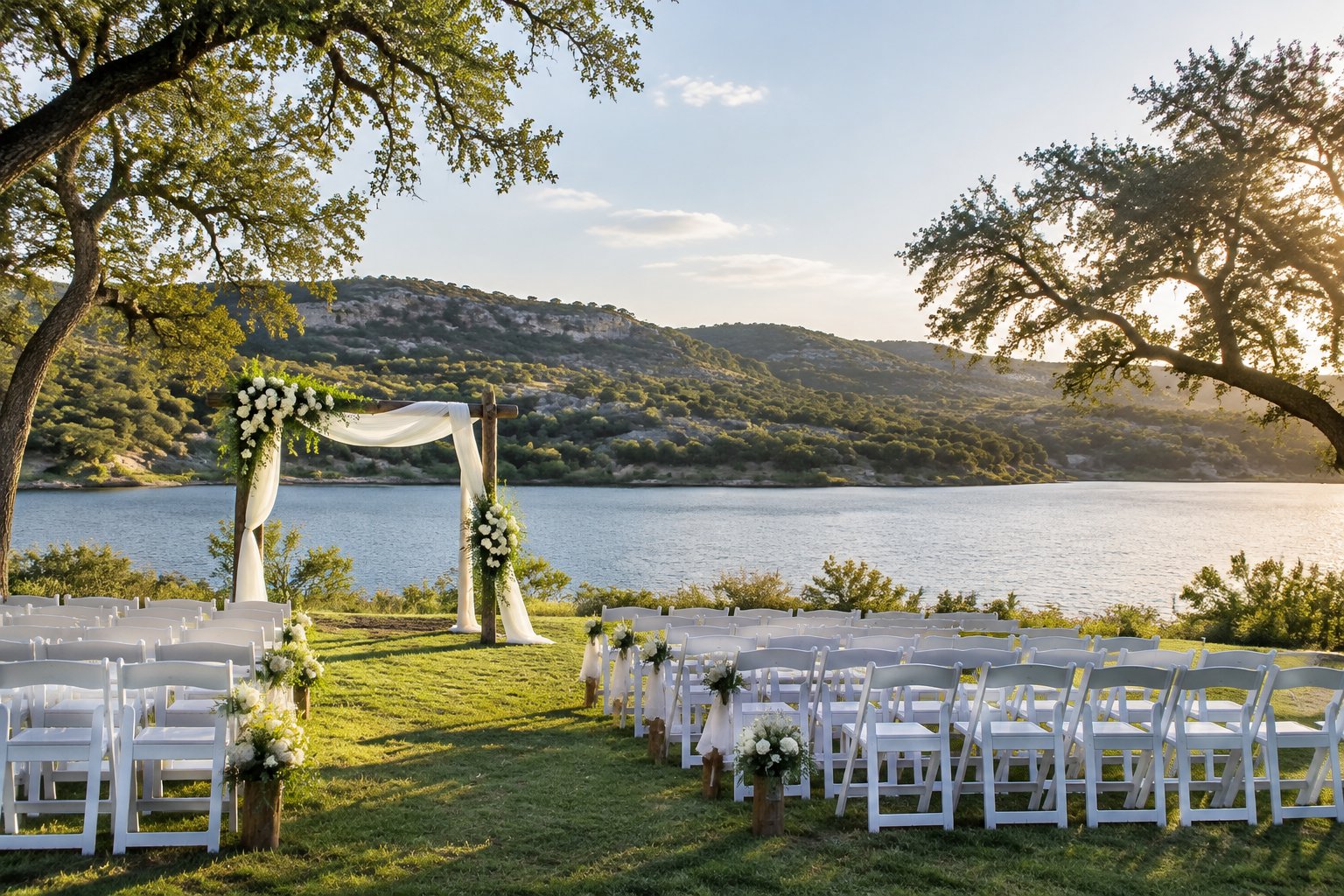 An elegant outdoor wedding ceremony setup beside a lake with Texas Hill Country scenery.