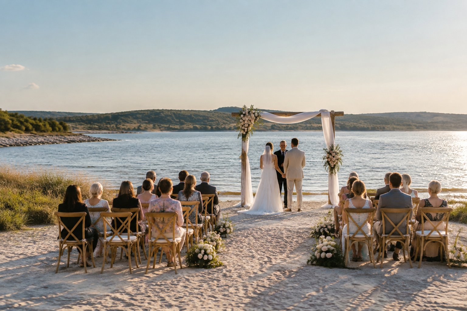 A couple exchanges vows beneath a flower-decorated arbor on a sandy lakeshore with chairs, calm water, and rolling hills in the background.