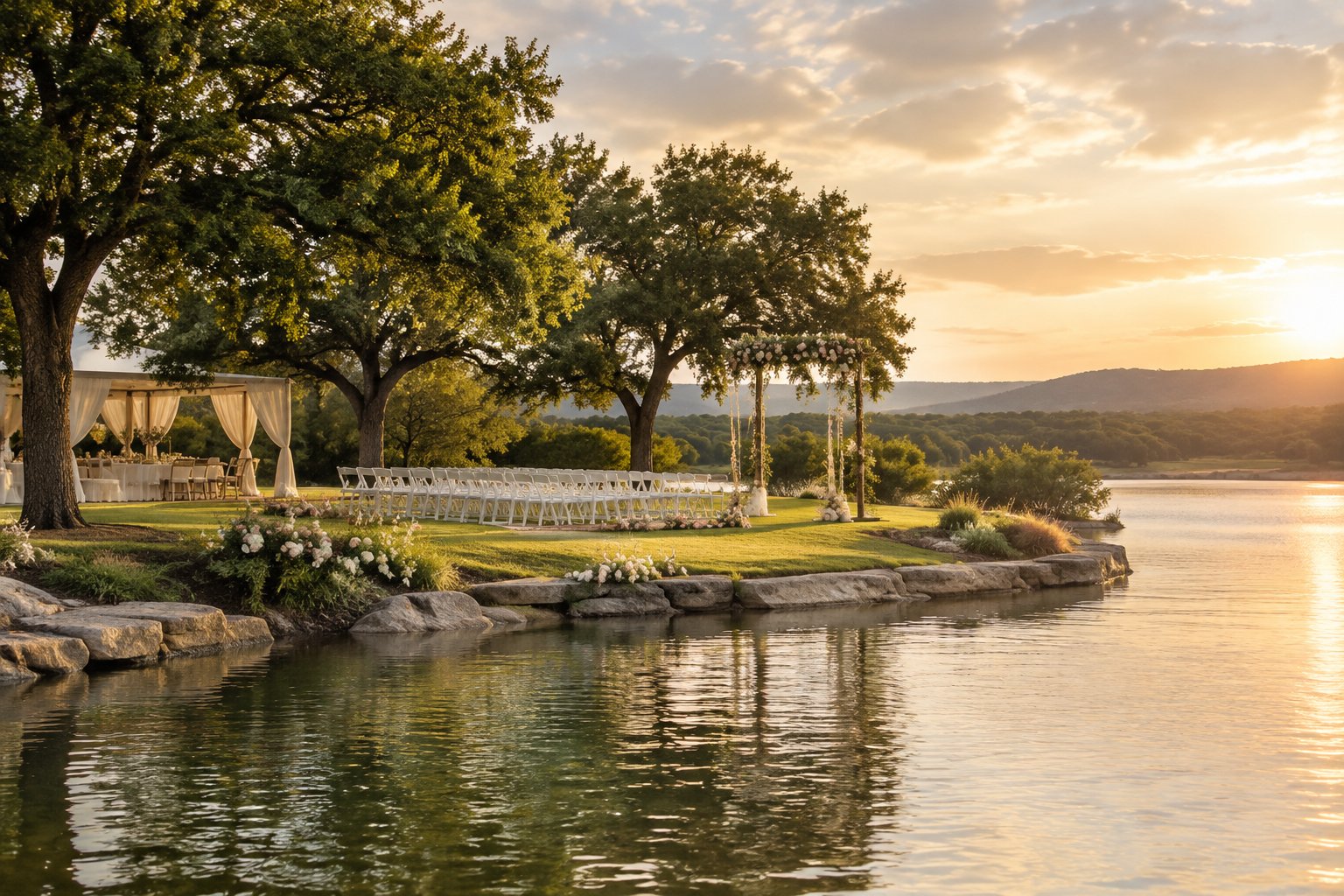 An elegant outdoor wedding ceremony setup beside a calm river in the Texas Hill Country.