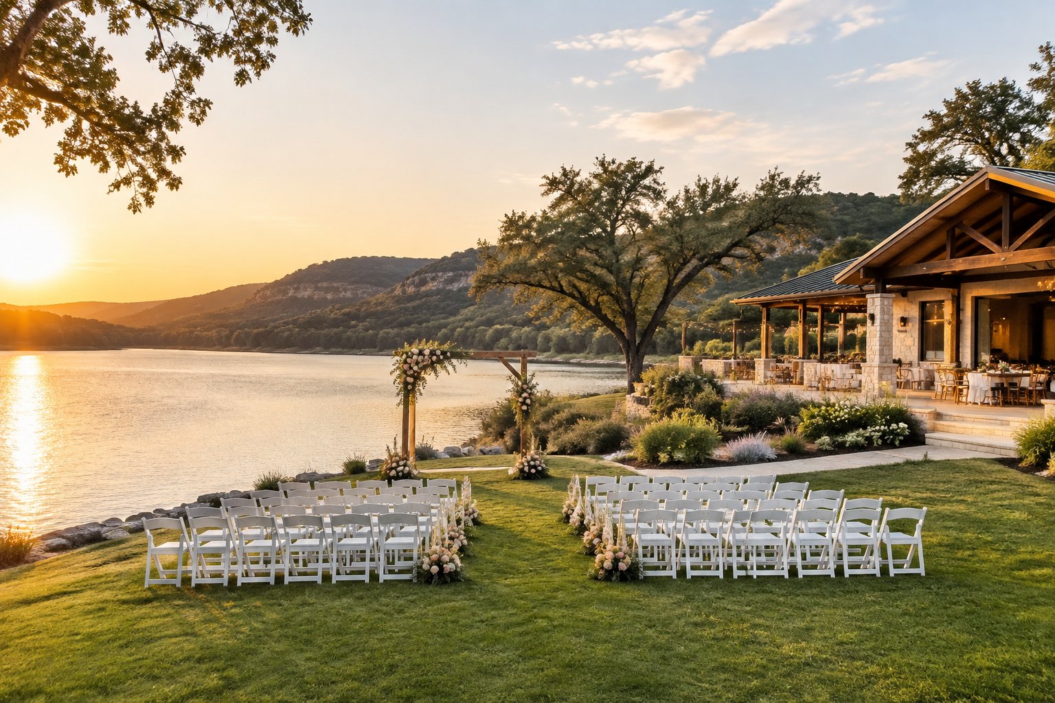 An elegant lakeside wedding venue with white ceremony chairs, floral decorations, and Texas Hill Country scenery.