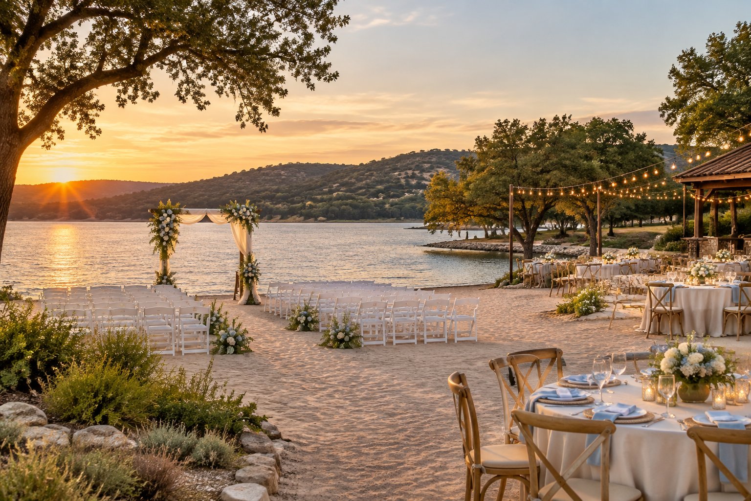 A decorated wedding ceremony and reception area on a sandy lakeside shore surrounded by green hills.