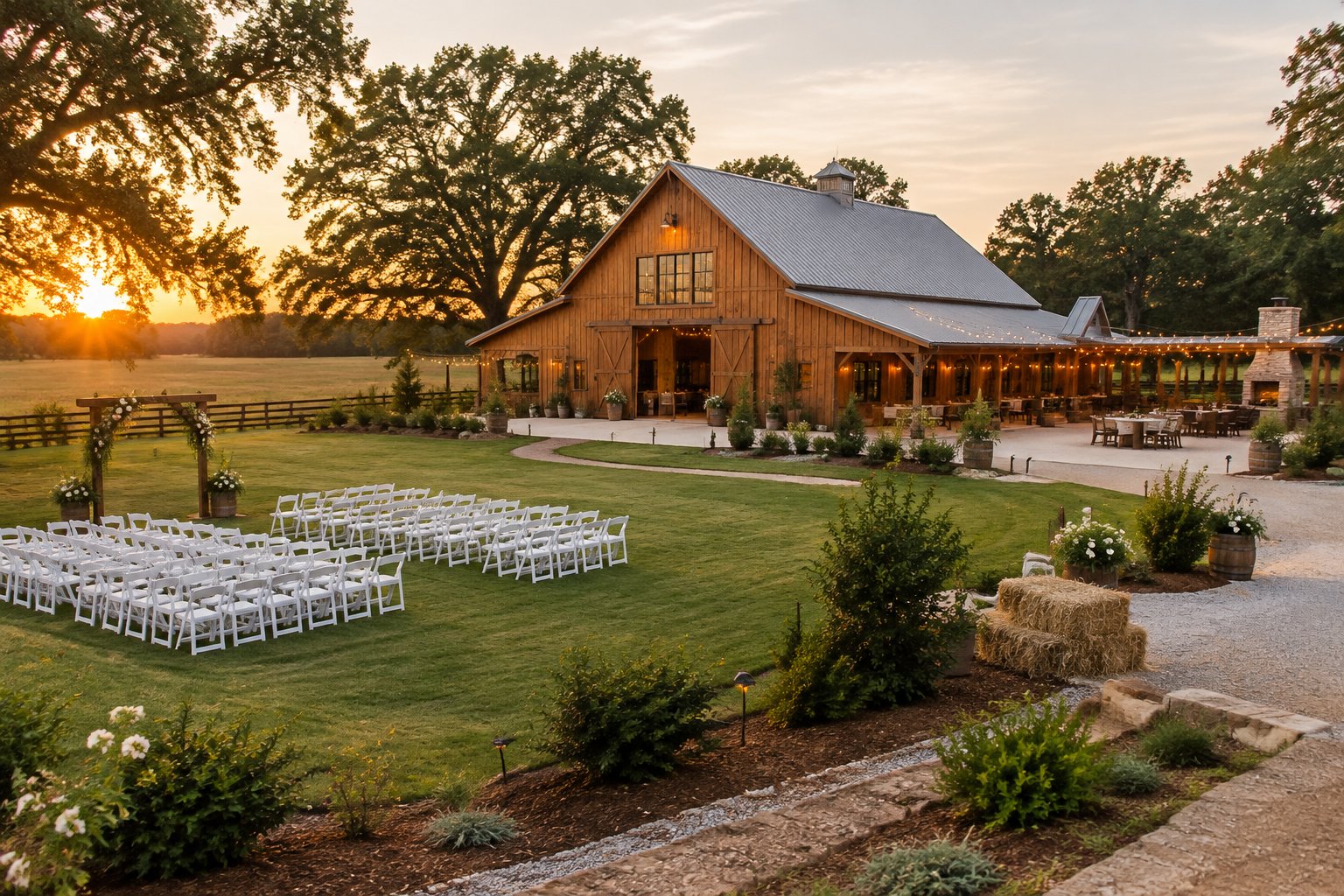 A restored wooden barn wedding venue with outdoor ceremony chairs, greenery, flowers, and string lights in a sunny countryside setting.