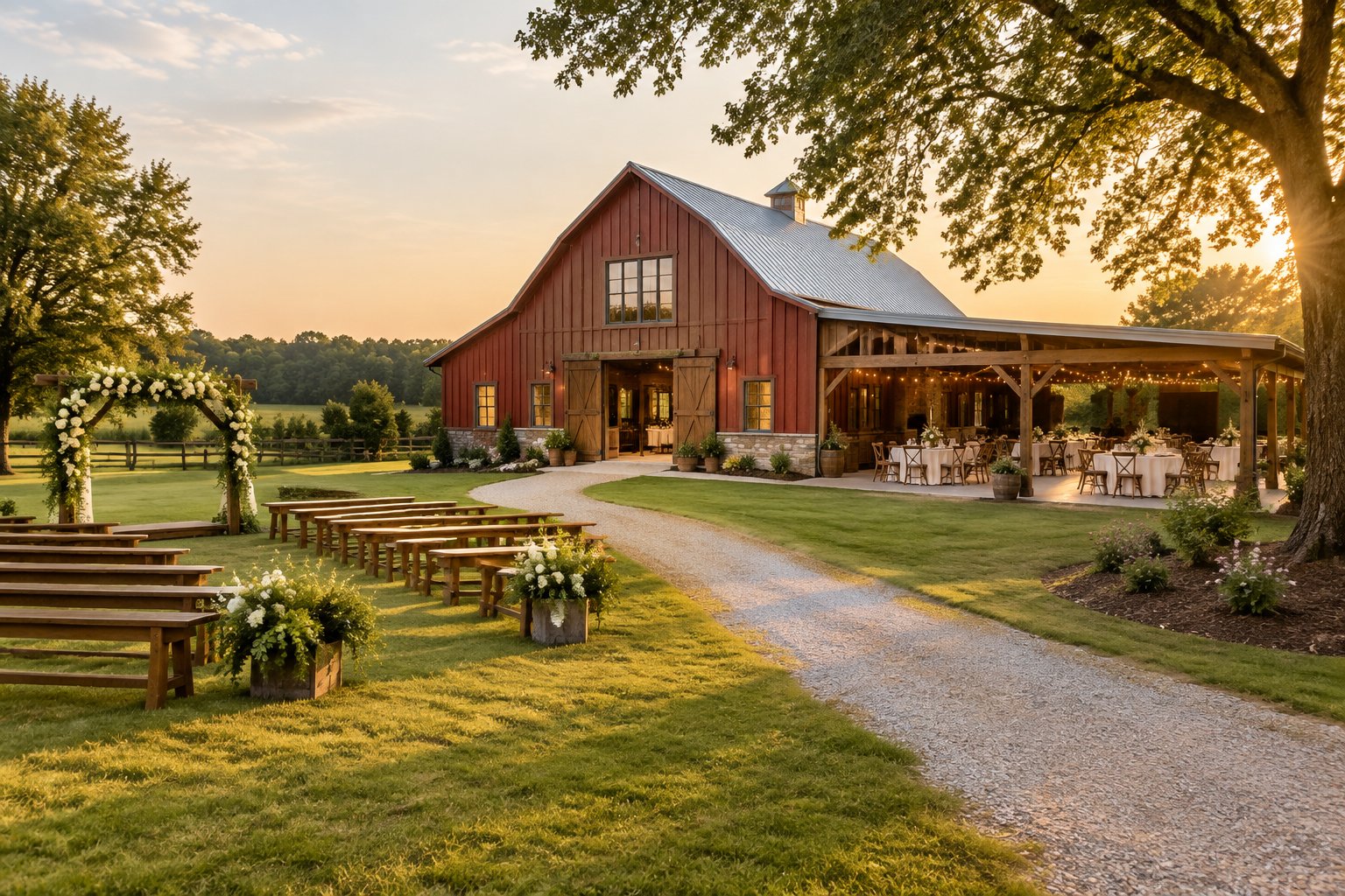 A rustic barn wedding venue surrounded by meadow, trees, and a decorated outdoor ceremony area.