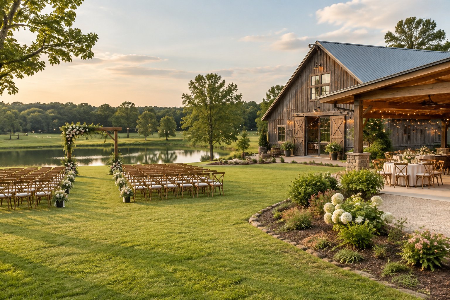 A rustic barn wedding venue with outdoor ceremony chairs, floral décor, landscaped grounds, and a peaceful countryside setting.