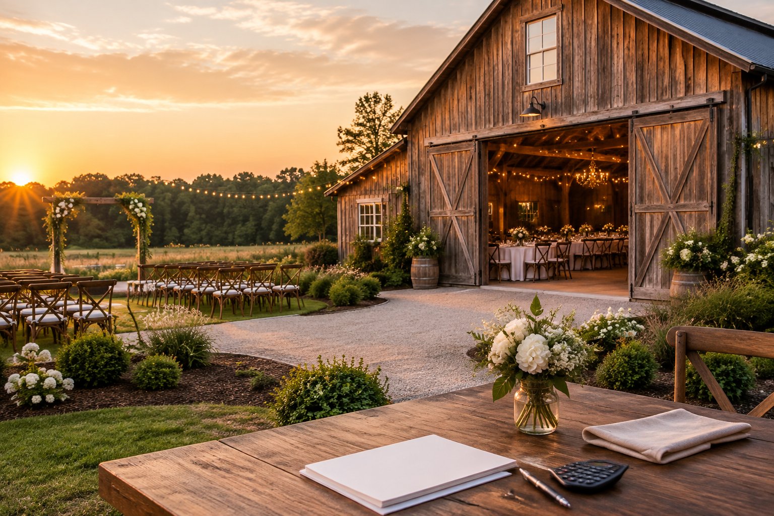 A rustic barn wedding venue with decorated reception tables and landscaped grounds at sunset.