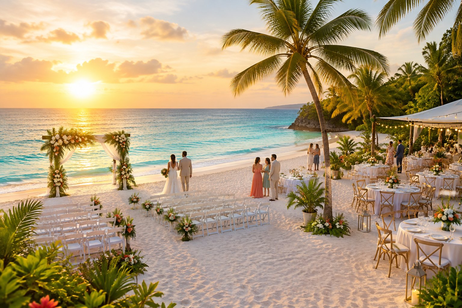 A tropical beach wedding ceremony beside the turquoise sea, with white chairs, a floral arch, palm trees, and a decorated reception area.