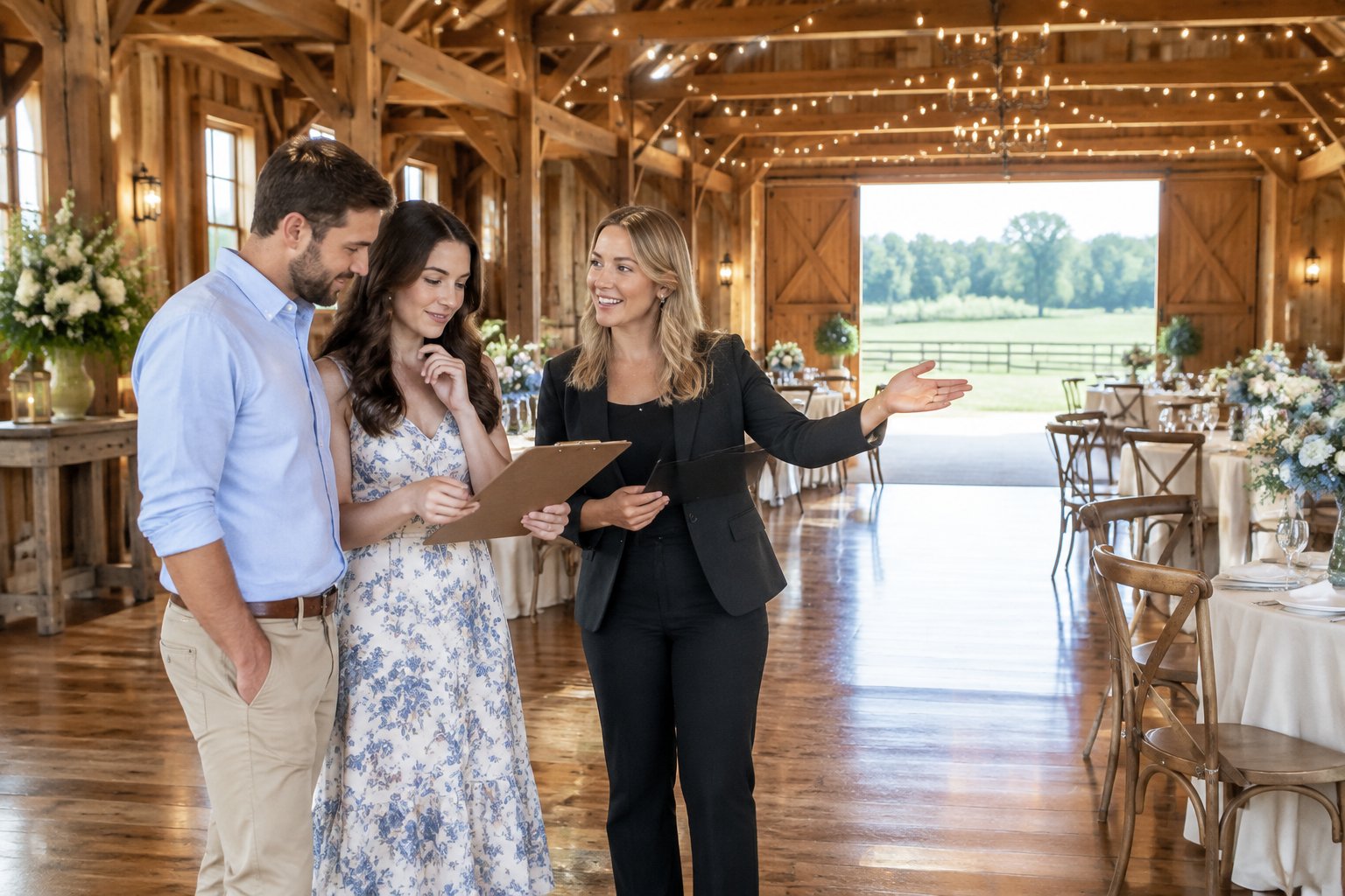 An engaged couple tours a rustic barn wedding venue with a coordinator while reviewing a clipboard.
