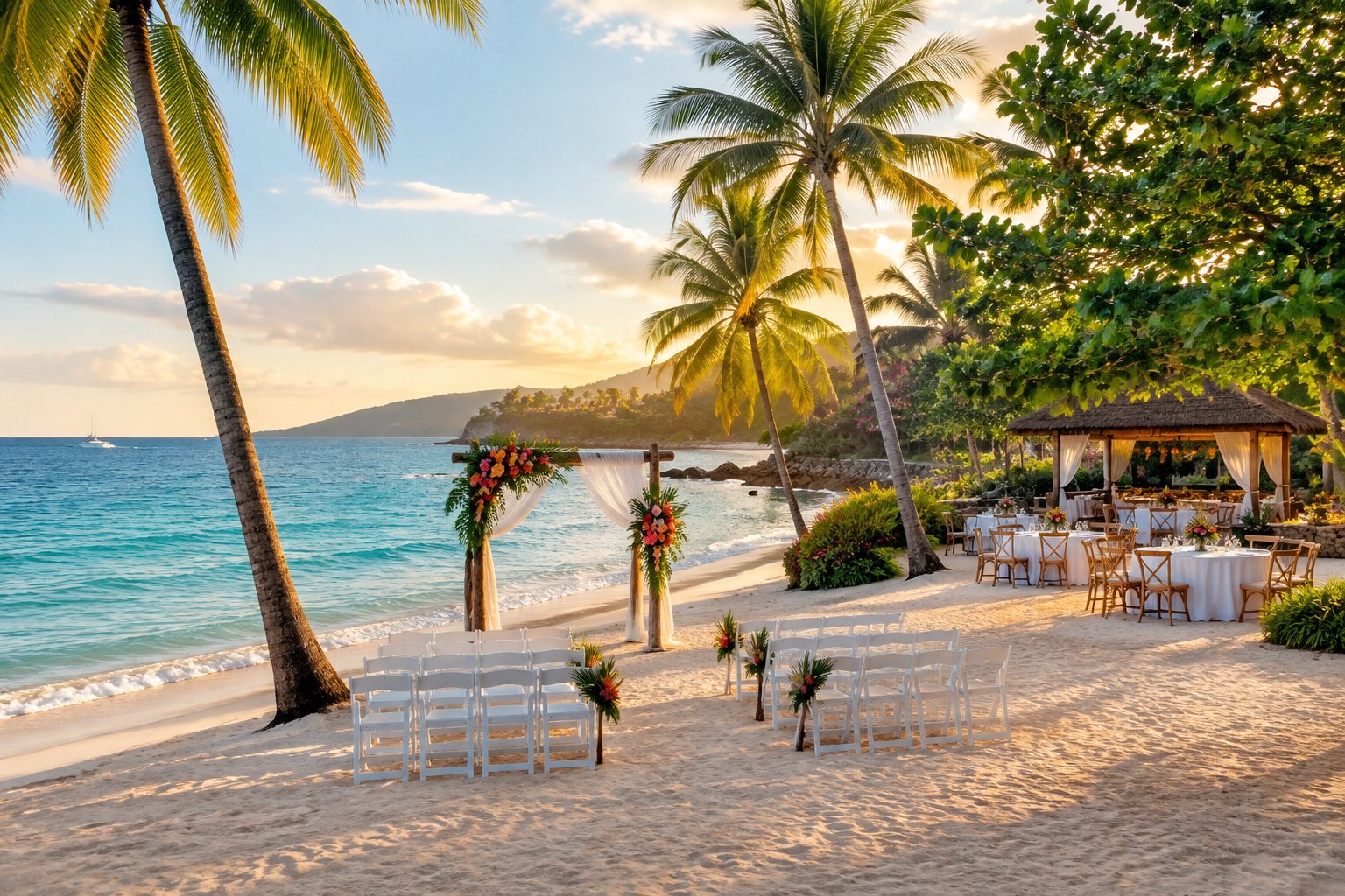 A tropical Jamaican beach with turquoise water, palm trees, and an elegant seaside wedding ceremony and reception setup.