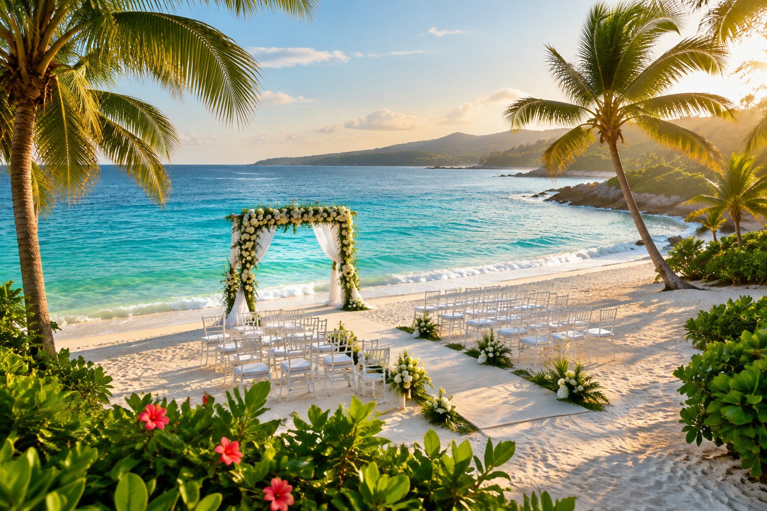 A tropical beachfront wedding ceremony setup with white chairs, a floral arch, turquoise water, and palm trees.