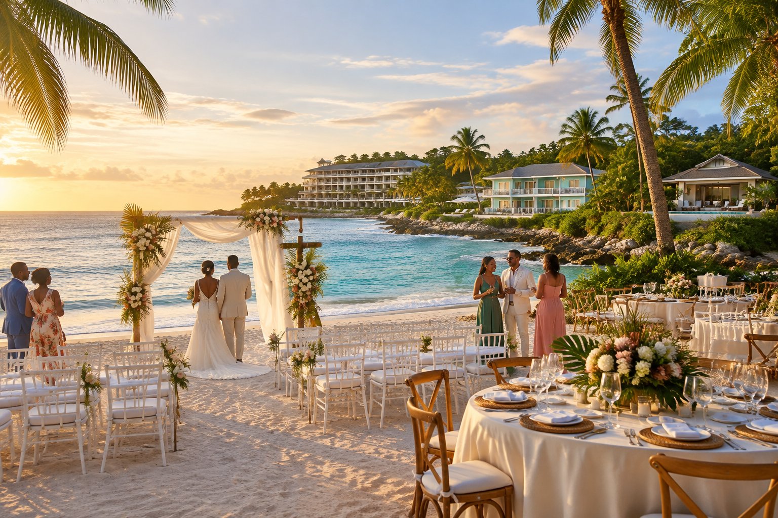 An elegant beach wedding ceremony setup on a Jamaican coastline with tropical flowers, white chairs, and resort-style buildings in the background.