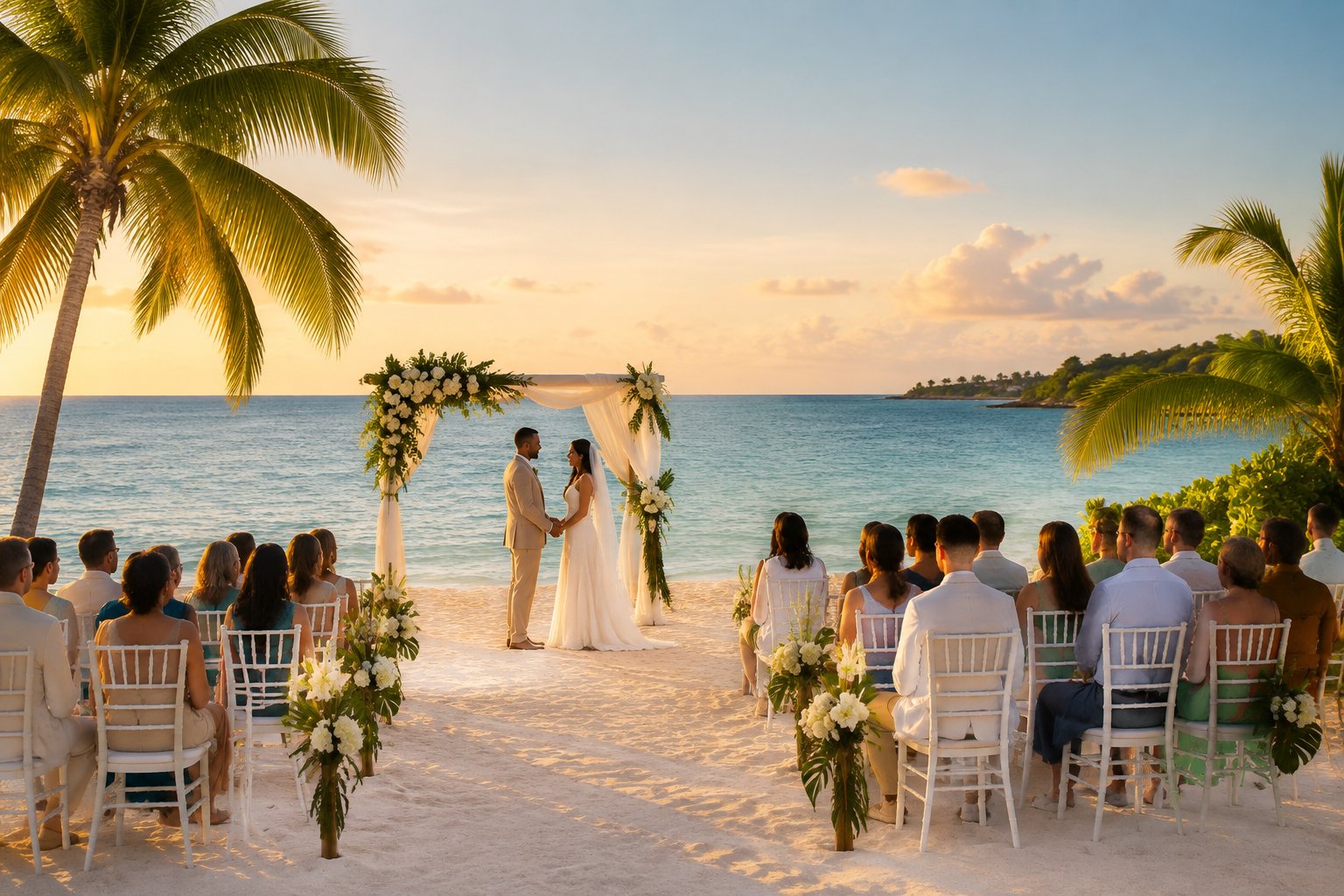 A couple stands beneath a floral wedding arch on a sandy Jamaican beach beside the turquoise sea.
