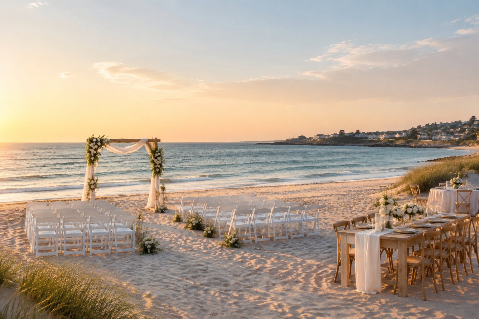 An elegant wedding ceremony setup on a sandy beach beside calm ocean water.