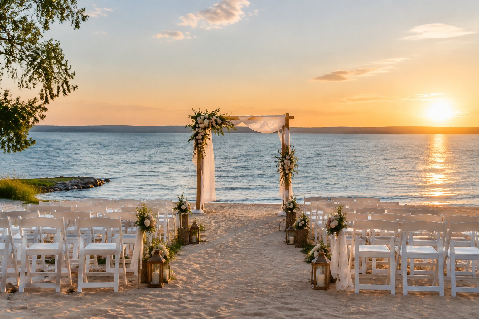 Outdoor wedding ceremony setup beside calm blue water with white chairs and a floral arch.