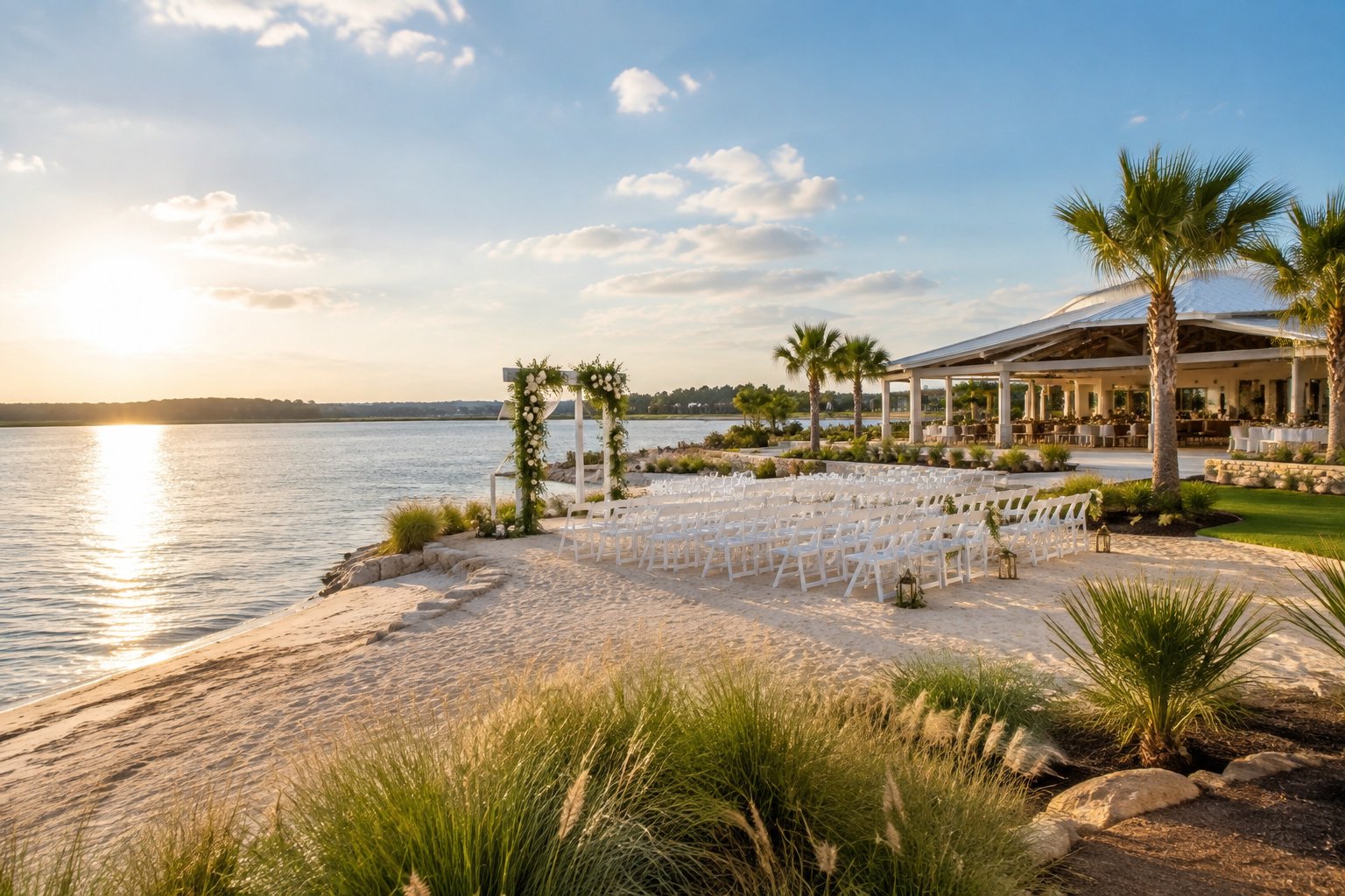 An elegant waterfront wedding venue with white ceremony chairs, a floral arch, sandy shoreline, and calm blue water.