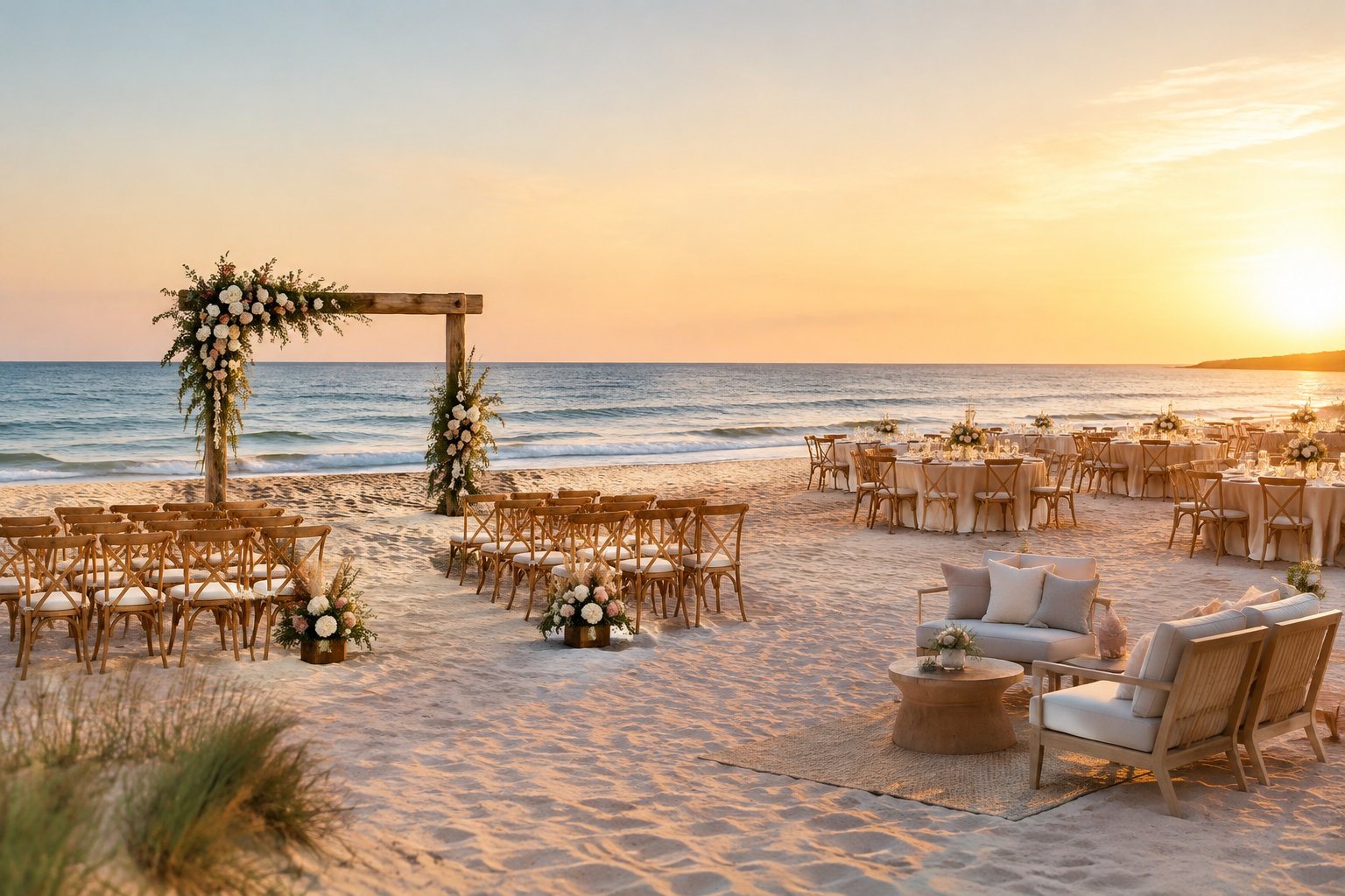 A seaside wedding ceremony setup with floral decorations, rows of chairs, and reception tables on a sandy beach.