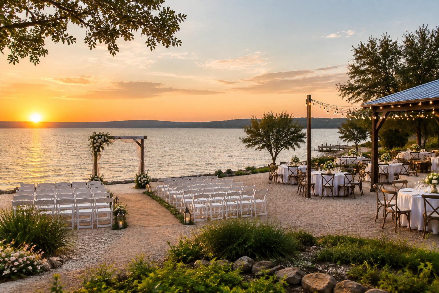 An elegant lakeside wedding setup with white chairs, a floral arch, and reception tables beside calm water at sunset.
