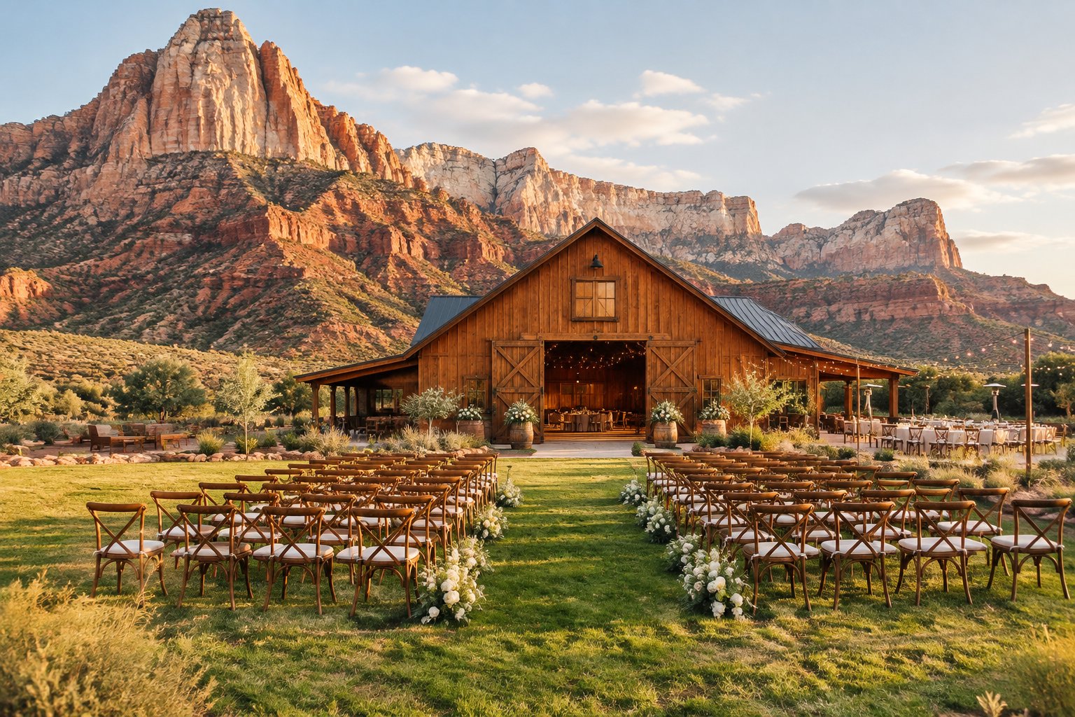 A rustic barn wedding venue in a meadow with red sandstone cliffs in the background.