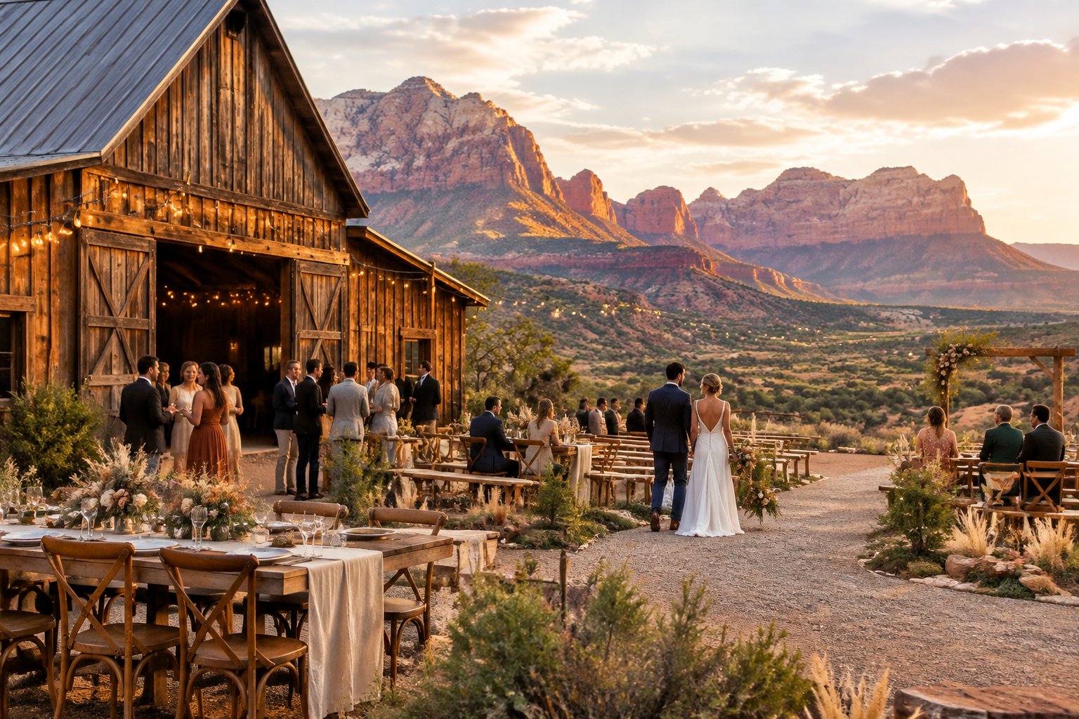 A rustic barn wedding venue with elegant outdoor seating and red rock cliffs in the distance.