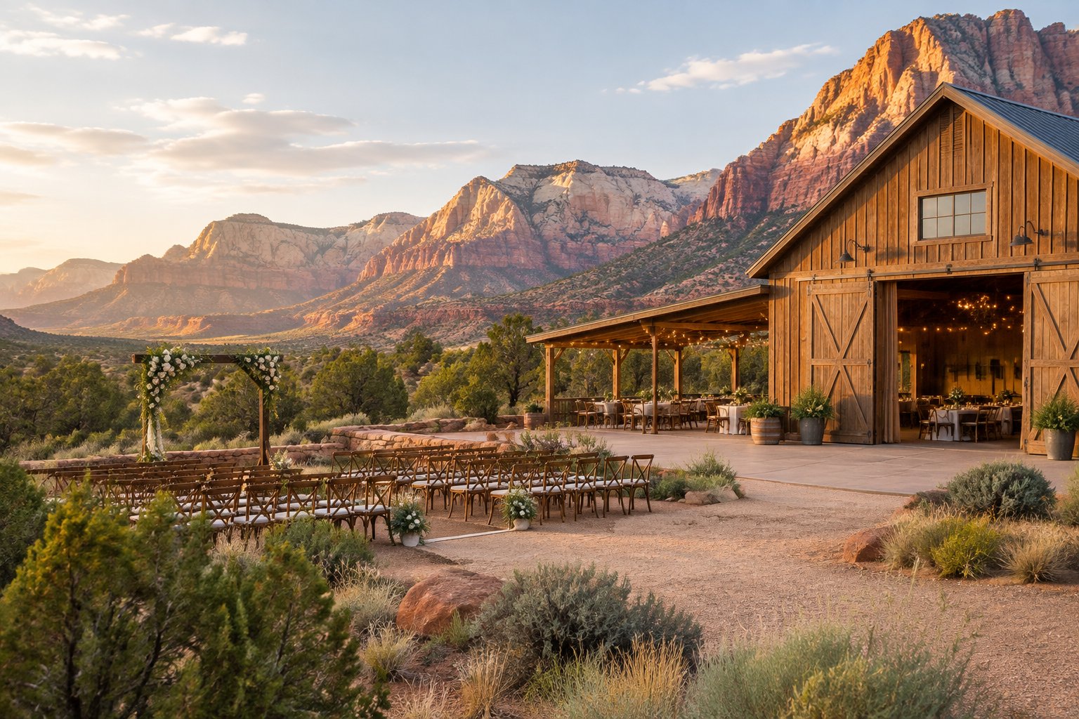 A rustic barn wedding venue with outdoor ceremony chairs set against red rock cliffs and desert vegetation.
