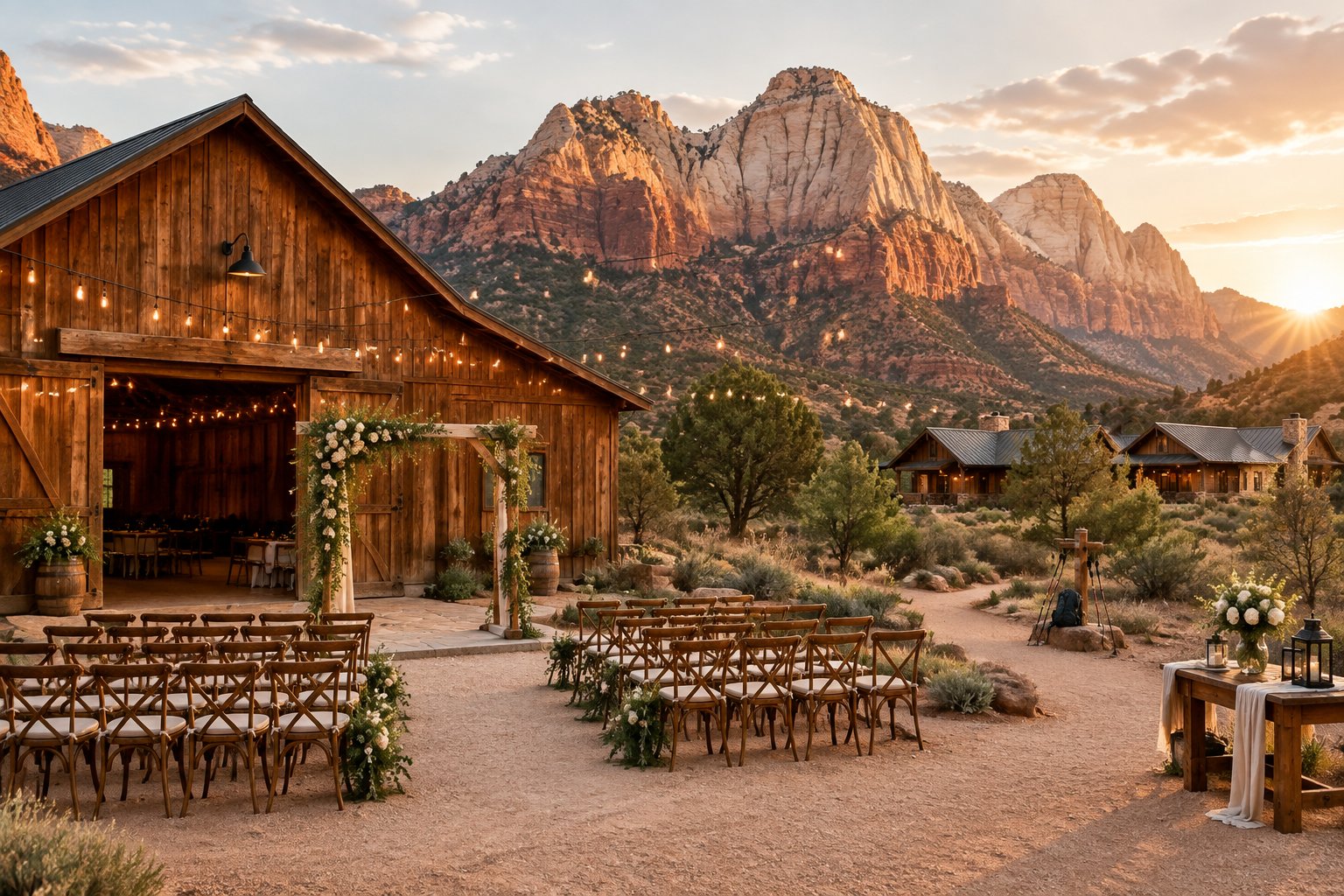 A rustic barn wedding venue with outdoor seating, desert cliffs, and nearby lodging at sunset.