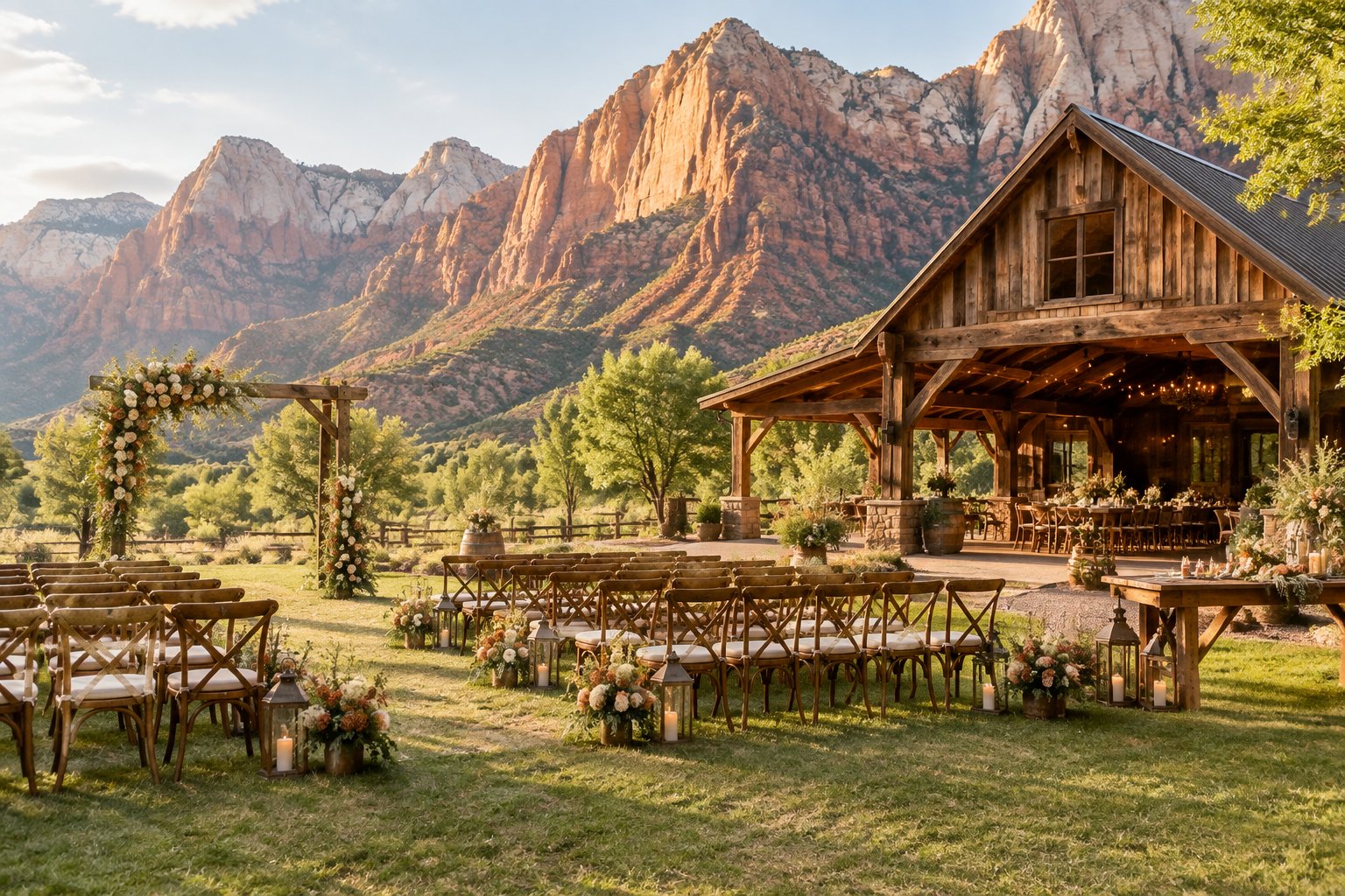 A rustic barn wedding venue in a meadow with Zion National Park’s red sandstone cliffs in the background.