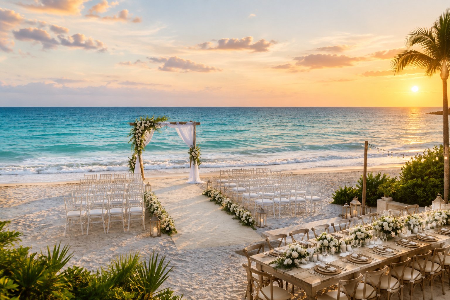 A decorated wedding ceremony and reception setup on a sandy beach beside a turquoise ocean.