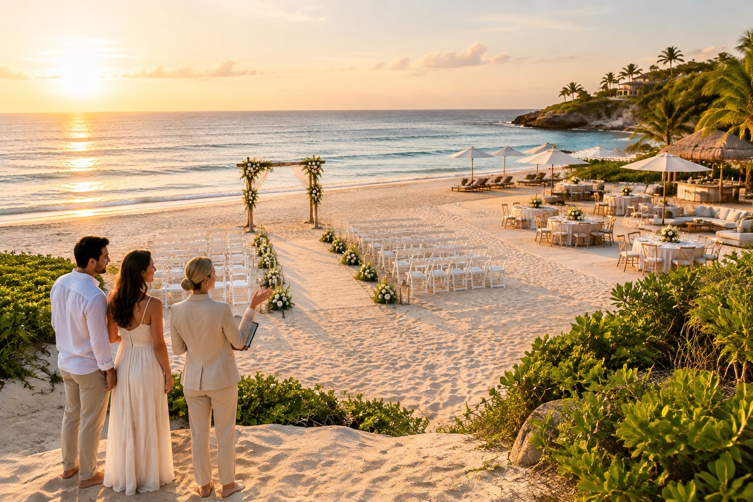 A couple and wedding planner review an elegant ceremony setup on a sandy beach beside the ocean.