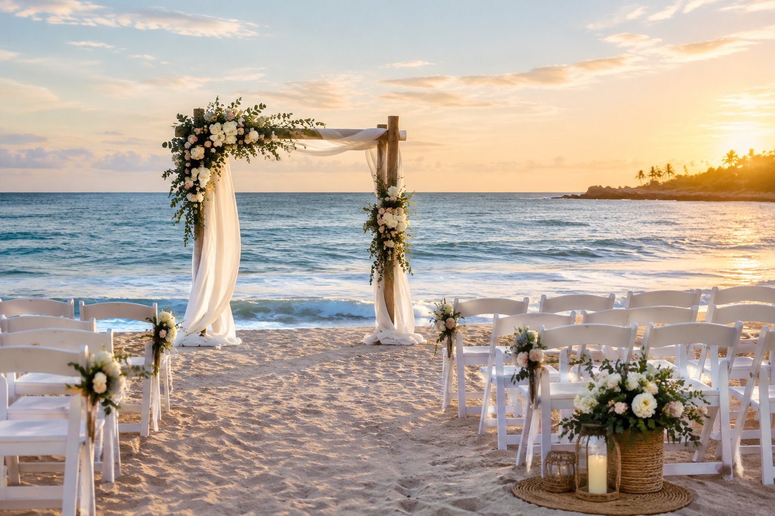 A beach wedding ceremony setup with white chairs, a floral arch, sandy shoreline, and blue ocean.