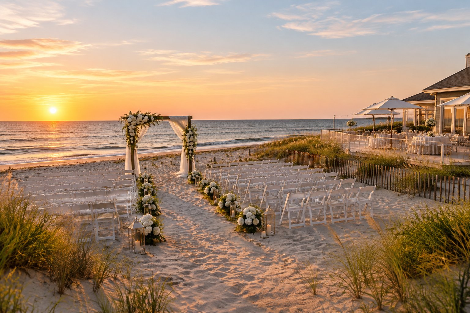 An elegant wedding ceremony setup on a sandy Long Island beach overlooking the ocean.