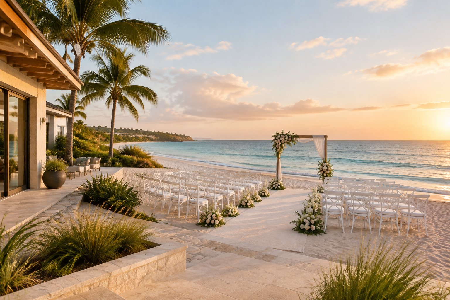 An elegant beach wedding ceremony setup outside a coastal resort overlooking calm turquoise water.