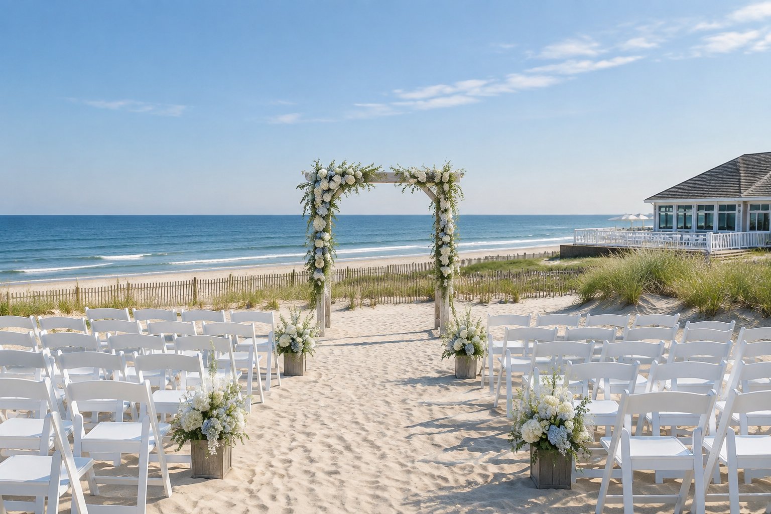 A decorated wedding ceremony setup on a sandy beach beside the ocean.