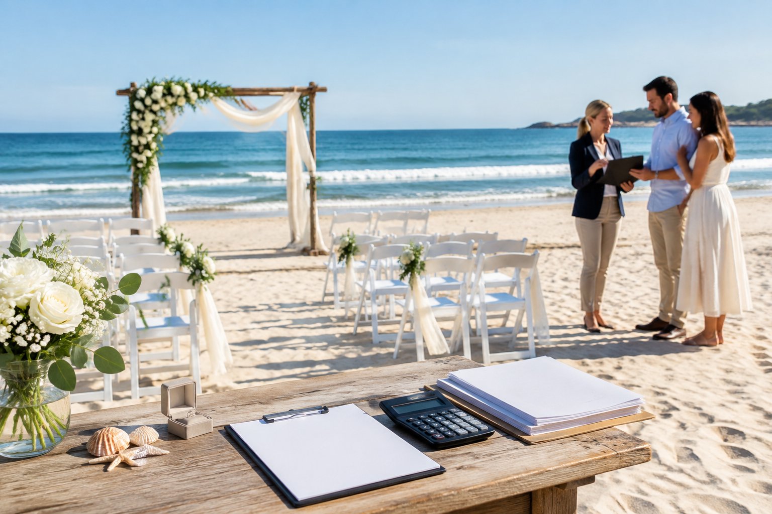 A couple and venue coordinator review plans beside a simple wedding setup on a sandy beach.