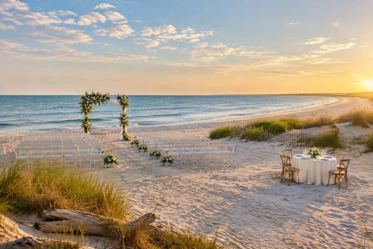 Elegant wedding ceremony setup on a sandy Long Island beach beside the ocean.