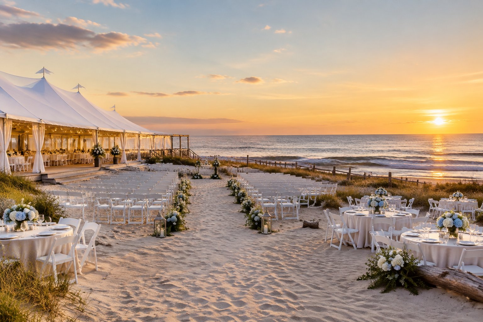 An elegant wedding reception setup beside a sandy beach with a waterfront venue and ocean in the background.