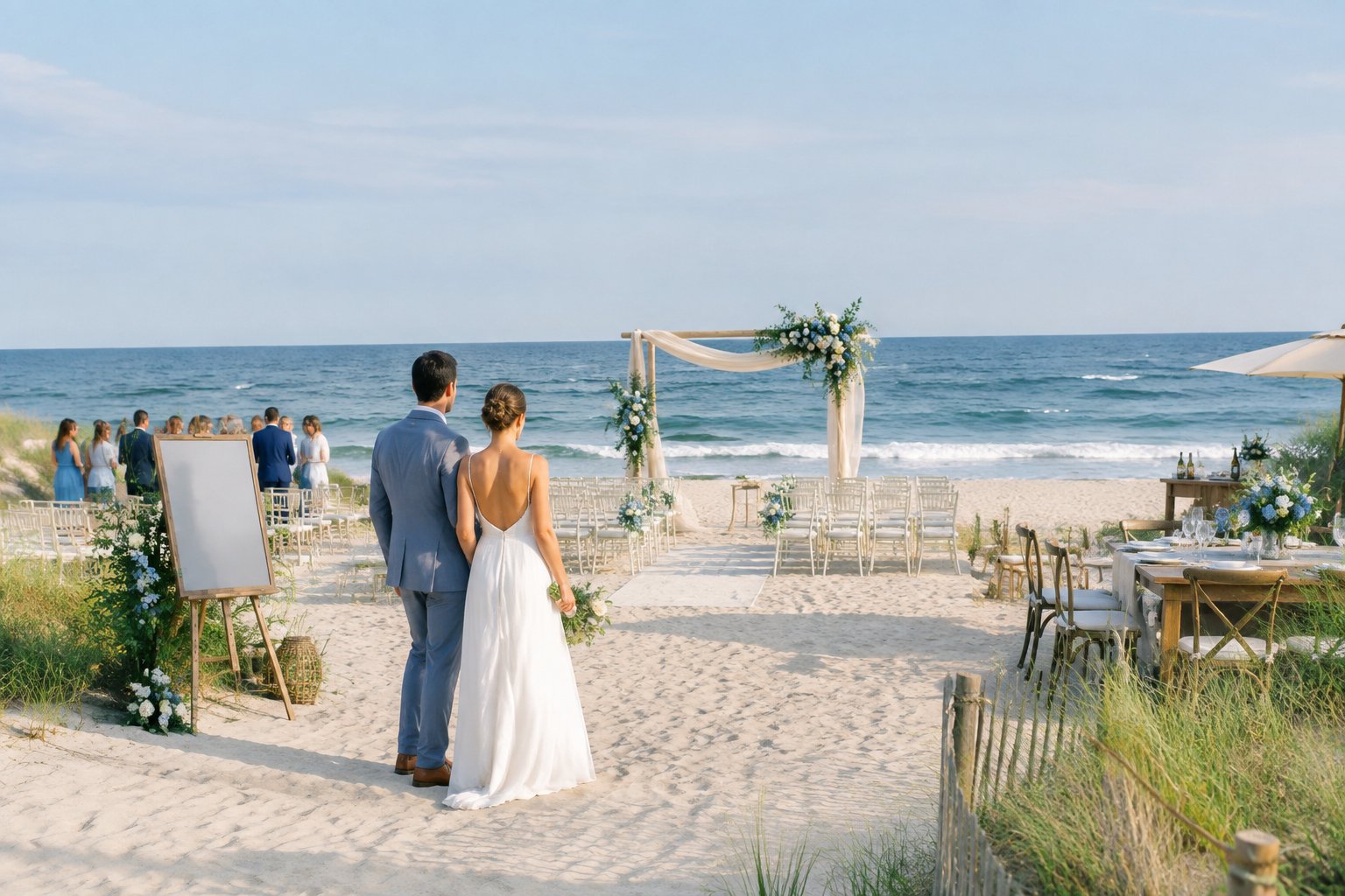 An elegant wedding ceremony setup on a sandy Long Island beach with ocean waves, floral decorations, and guests.