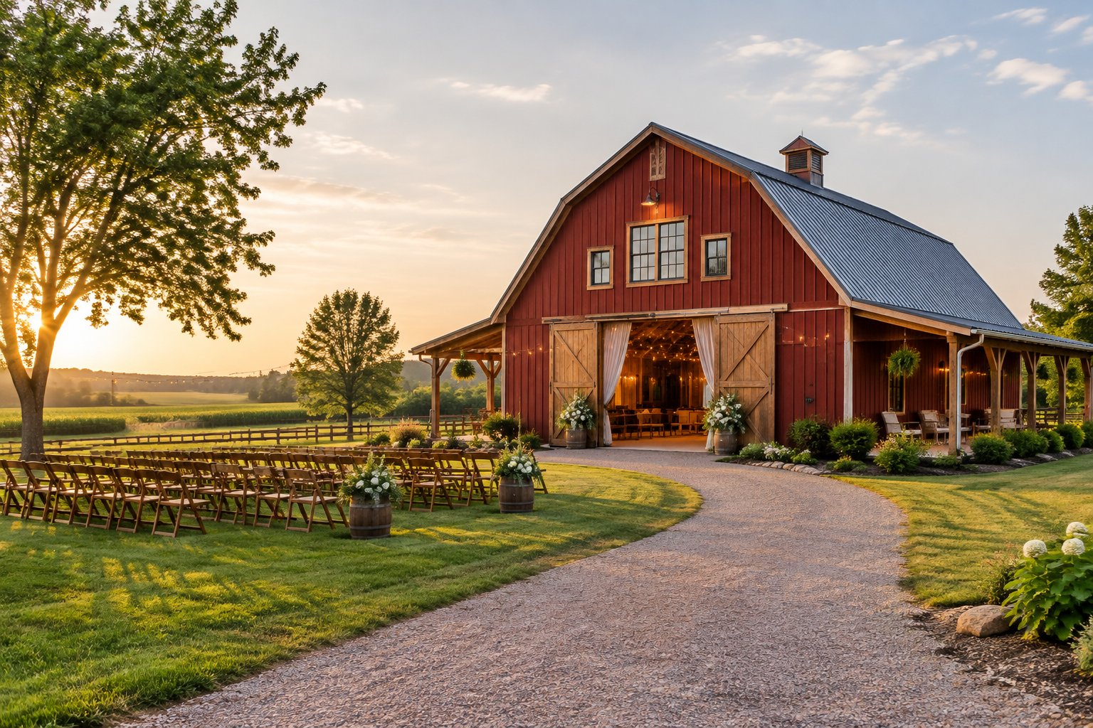 A rustic red barn wedding venue surrounded by green lawns, trees, and rolling farmland.