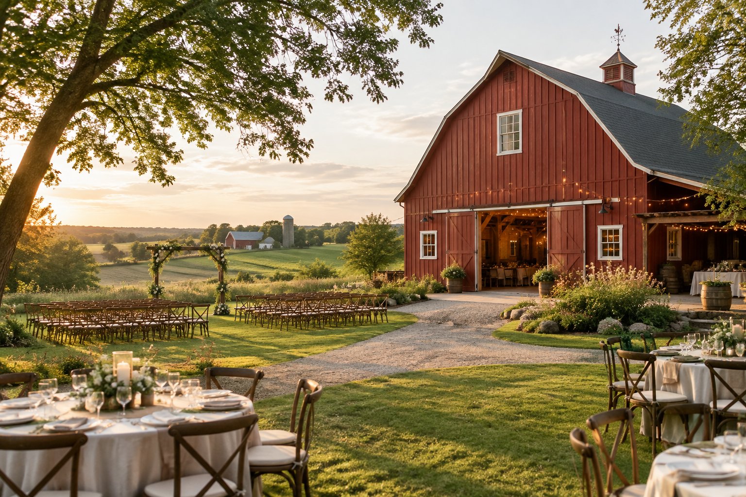 A rustic red barn surrounded by green countryside with an outdoor wedding ceremony setup and decorated reception tables.