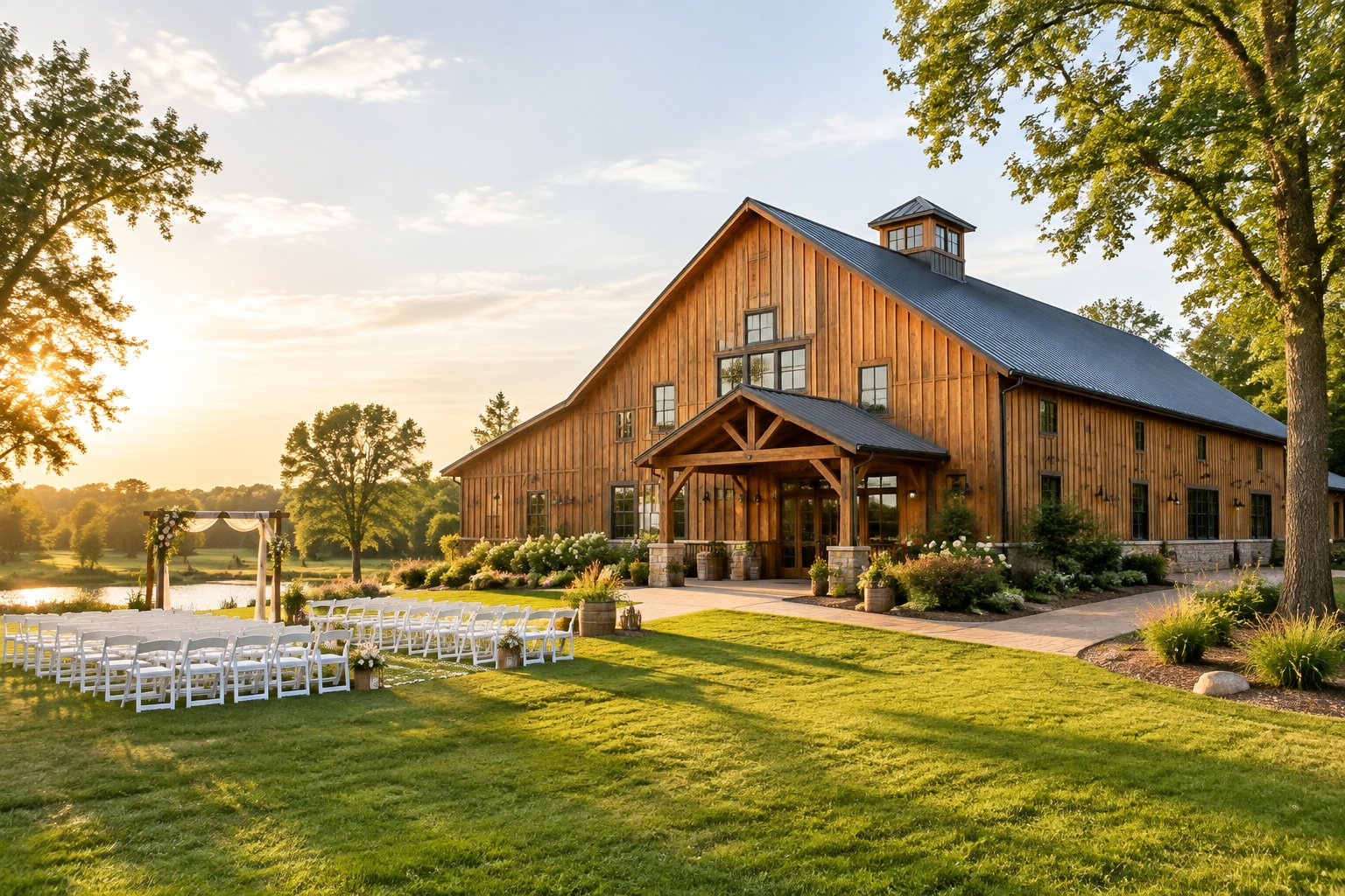 A rustic barn wedding venue surrounded by green lawns, trees, and outdoor ceremony seating.
