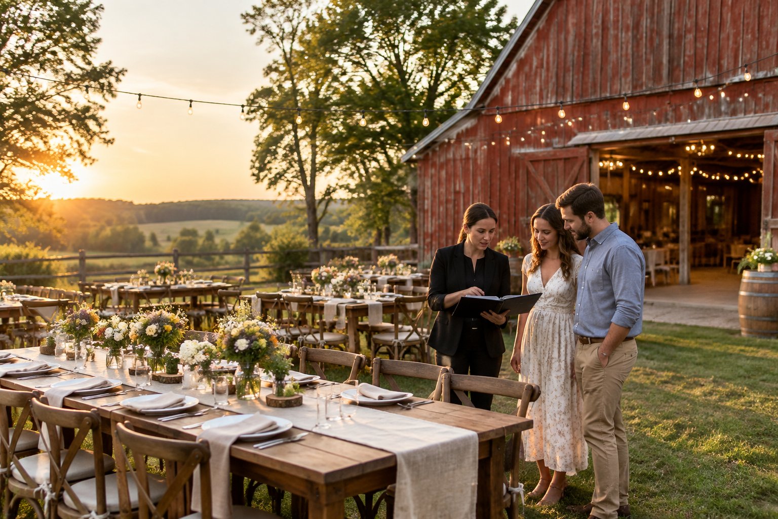 A couple discusses wedding arrangements with a coordinator beside a decorated barn reception area.