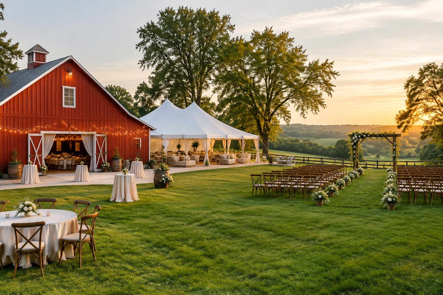 A rural wedding property with a red barn, white tent, outdoor ceremony area, and green fields.