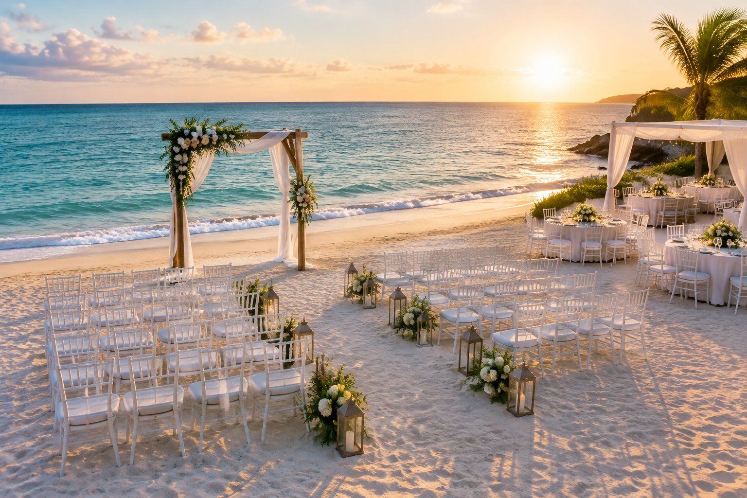 An elegant wedding ceremony and reception area arranged on a sandy beach beside a calm turquoise ocean.