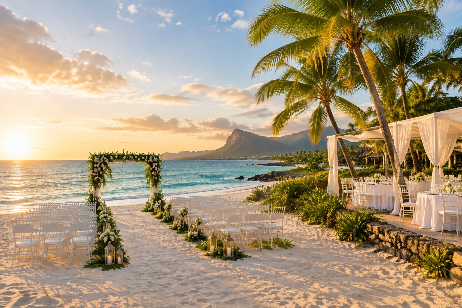 An elegant wedding ceremony setup on a white-sand beach in Mauritius beside turquoise ocean water and palm trees.