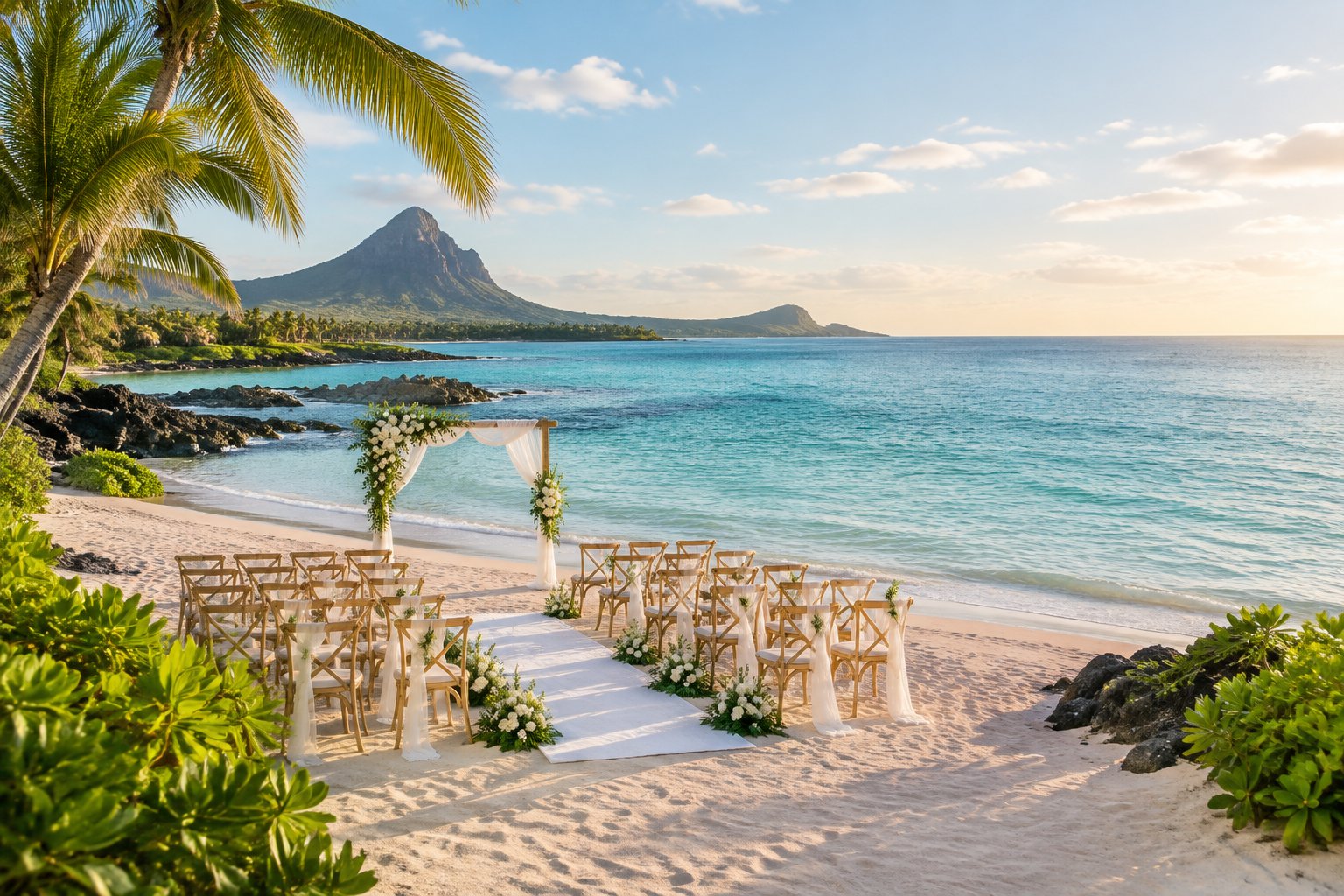 An elegant beach wedding ceremony setup on a white-sand Mauritian beach overlooking turquoise water.
