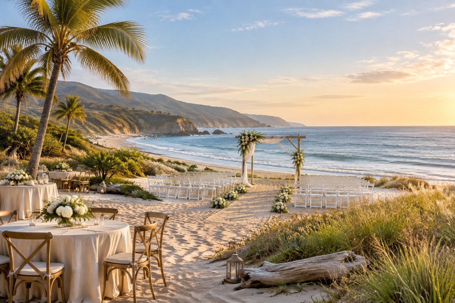 Elegant wedding ceremony setup on a sandy beach beside a calm ocean.